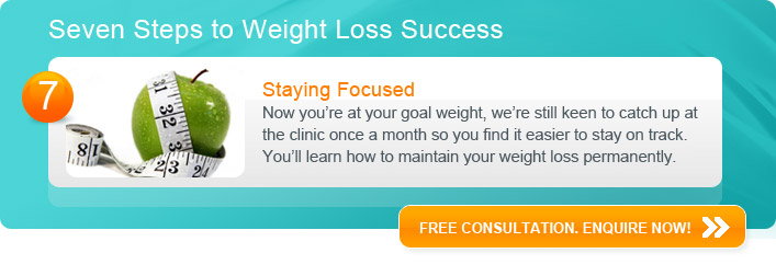 Staying Focused - Now you’re at your goal weight, we’re still keen to catch up at the clinic once a month so you find it easier to stay on track.  You’ll learn how to maintain your weight loss permanently.